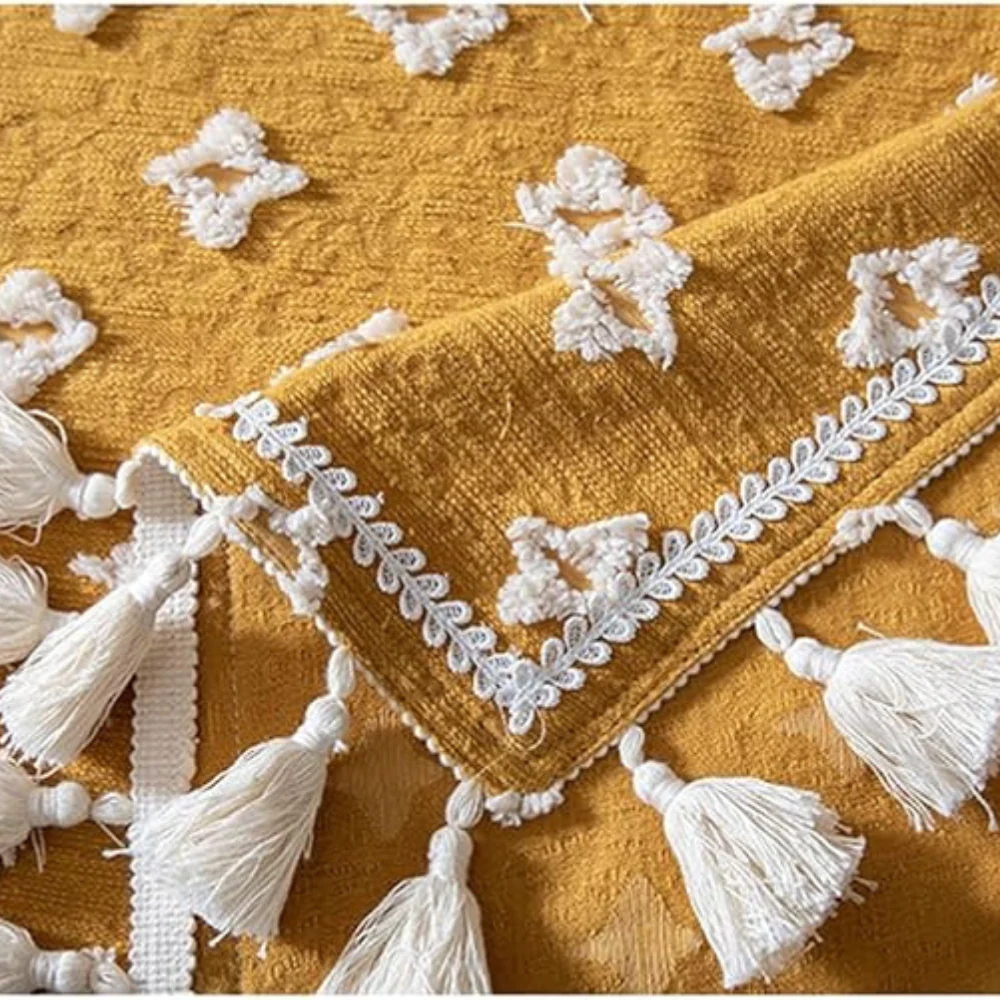 Versatile Yellow Embroidered Tassel Tablecloth - Image 7