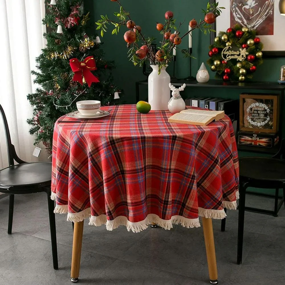 Vintage Holiday Plaid Round Tablecloth - Image 3