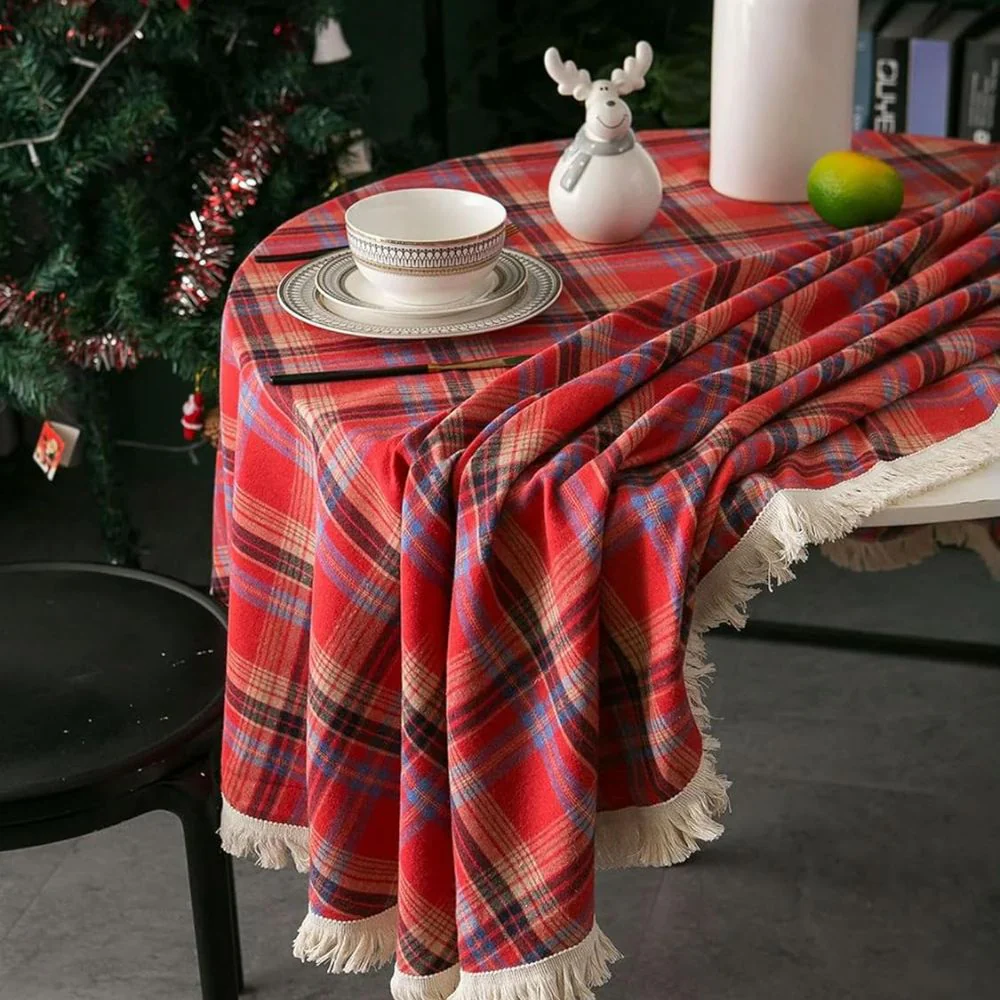 Vintage Holiday Plaid Round Tablecloth - Image 4
