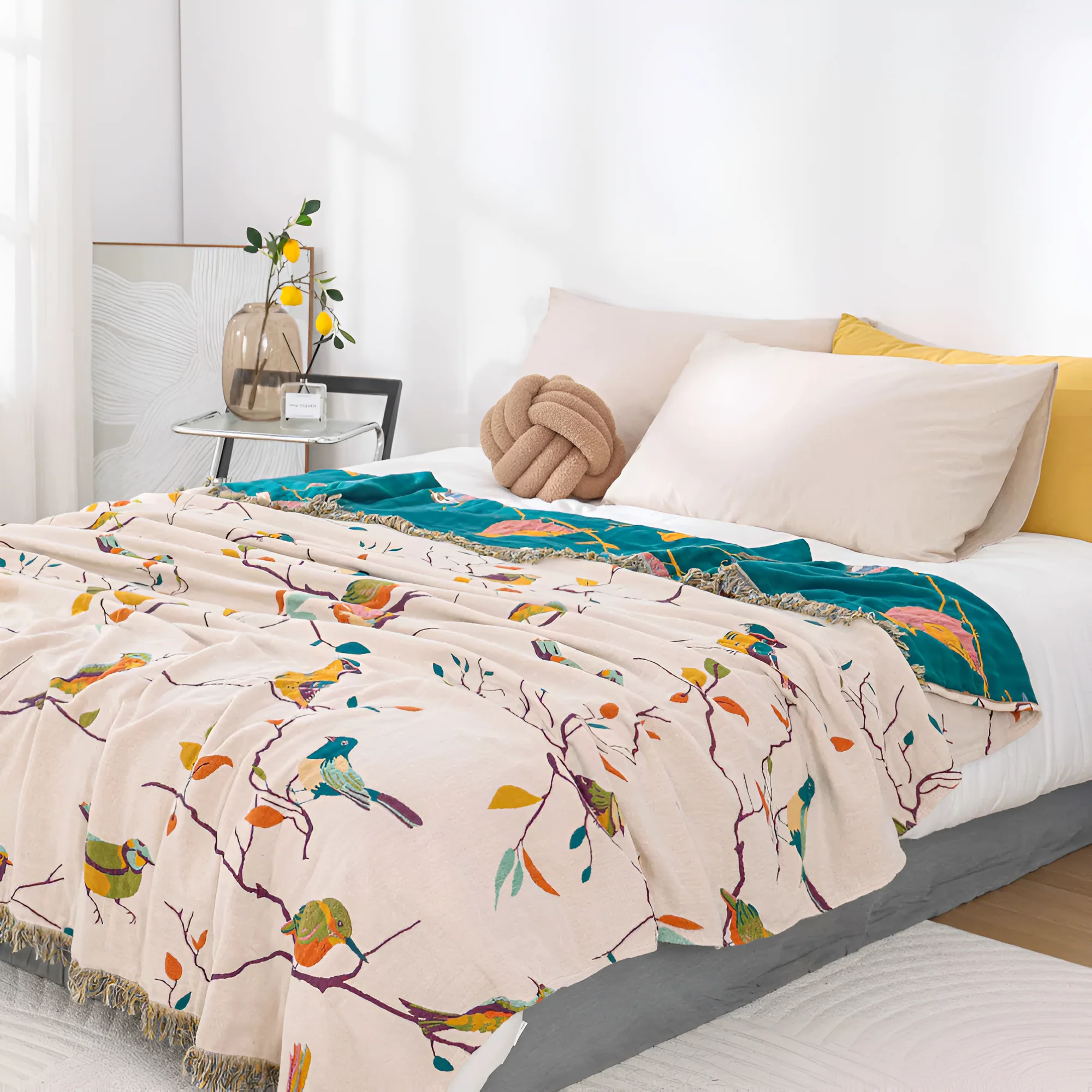 Whimsical Bird Tassel Cotton Blanket - Image 2
