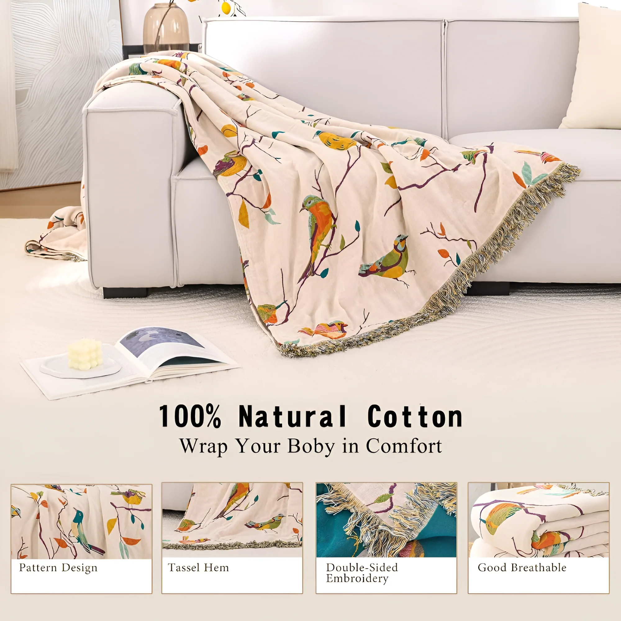 Whimsical Bird Tassel Cotton Blanket - Image 3