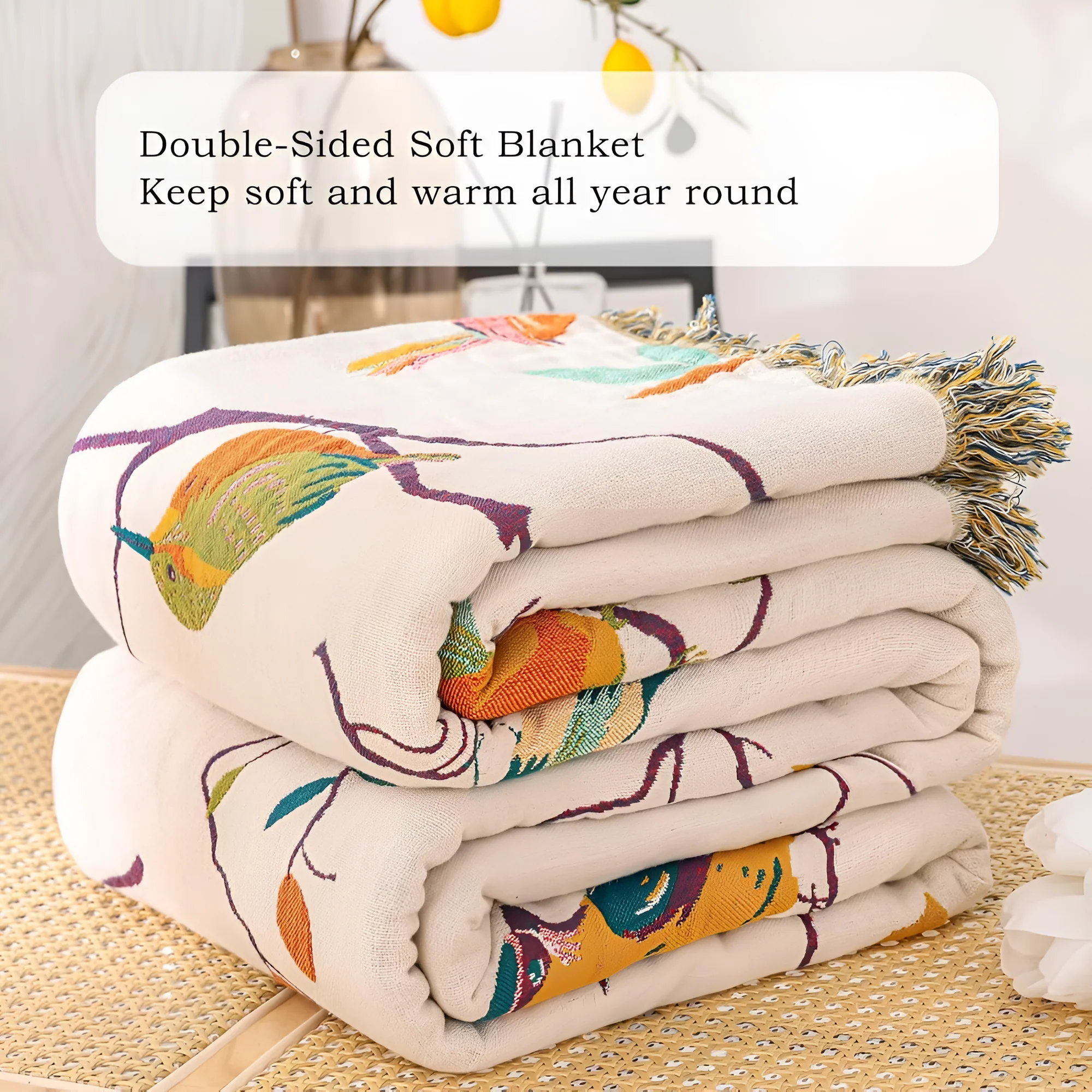 Whimsical Bird Tassel Cotton Blanket - Image 4