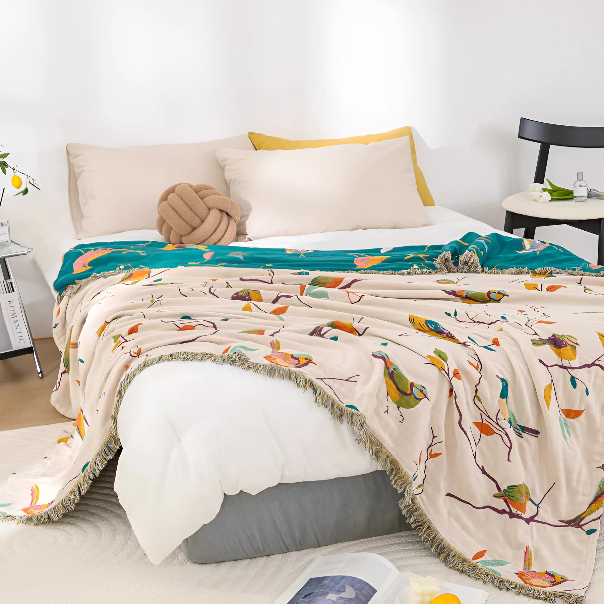 Whimsical Bird Tassel Cotton Blanket - Image 6