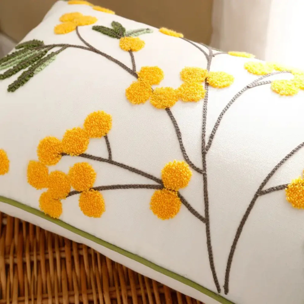 Yellow Bloom & Leaf Embroidery Cushion Cover - Image 3