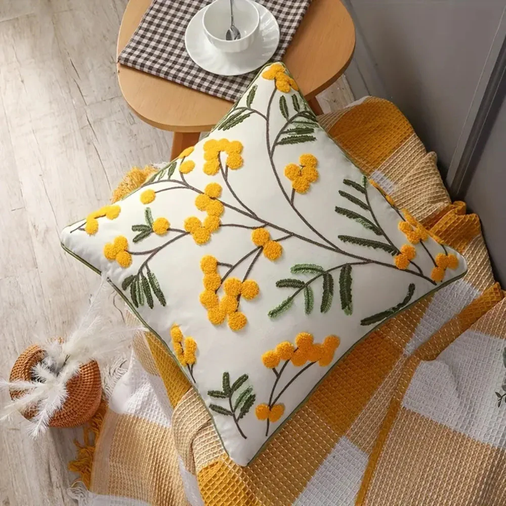 Yellow Bloom & Leaf Embroidery Cushion Cover - Image 4