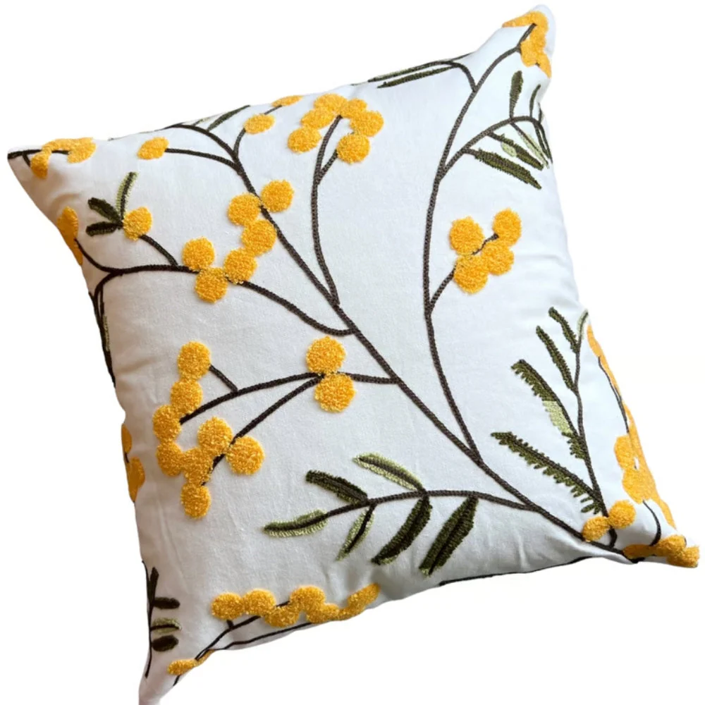 Yellow Bloom & Leaf Embroidery Cushion Cover - Image 5