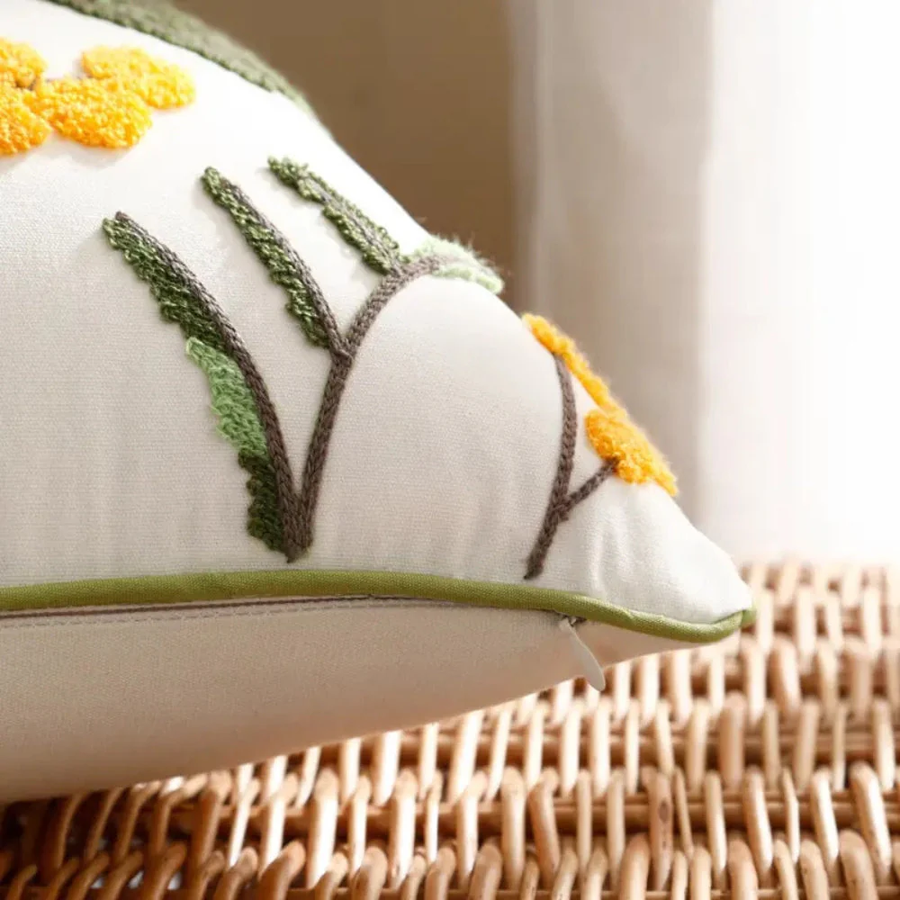 Yellow Bloom & Leaf Embroidery Cushion Cover - Image 7