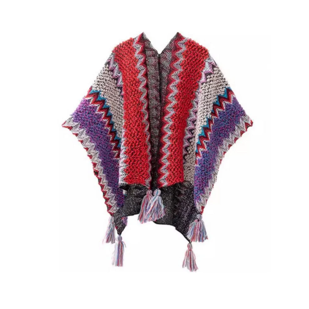Zayla Tassel Striped Poncho Shawl - Image 4