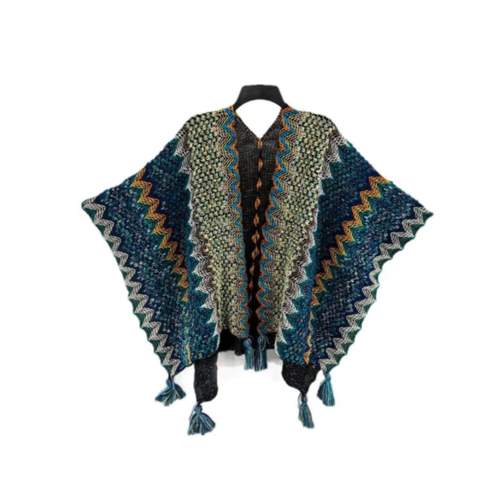 Zayla Tassel Striped Poncho Shawl - Image 5