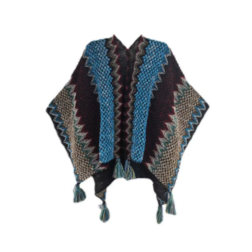 Zayla Tassel Striped Poncho Shawl - Image 6
